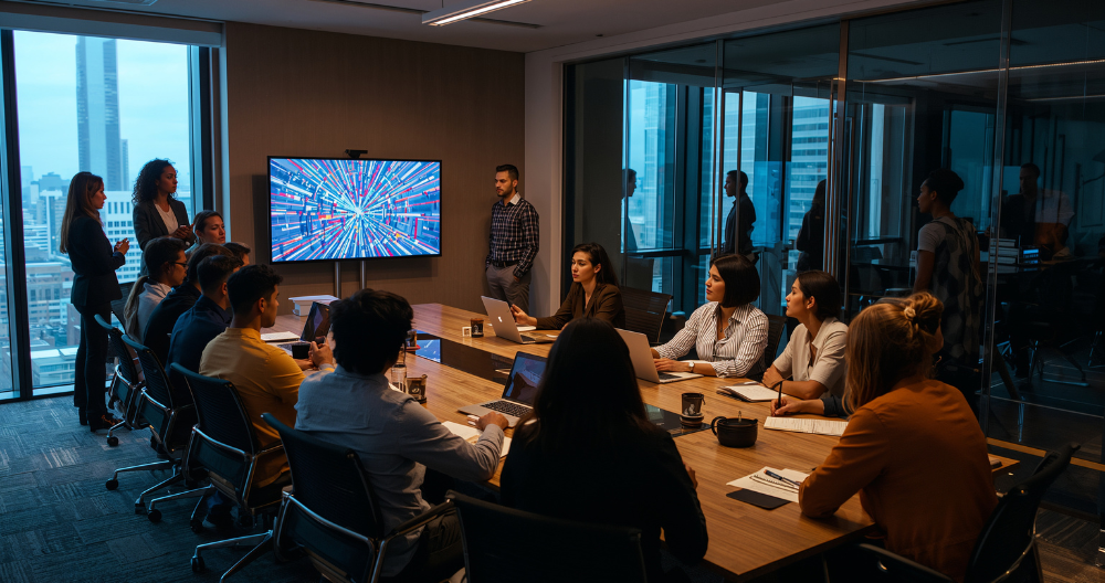 Group of professionals at a boardroom table with laptops and a screen in a meeting or training environment.